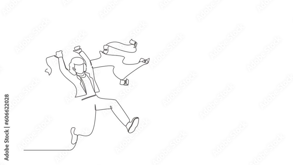 Animated self drawing of continuous line draw businesswoman trying to catch flying money with net. Running entrepreneur woman using opportunity to scoop dollar bills. Full length single line animation Animated self drawing of continuous line draw businesswoman trying to catch flying money with net. Running entrepreneur woman using opportunity to scoop dollar bills. Full length single line animation