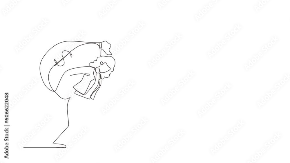 Animated self drawing of single continuous line draw businesswoman carrying big, heavy money bag on back. Financial problems, taxation burden or debt, deadline concept. Full length one line animation Animated self drawing of single continuous line draw businesswoman carrying big, heavy money bag on back. Financial problems, taxation burden or debt, deadline concept. Full length one line animation