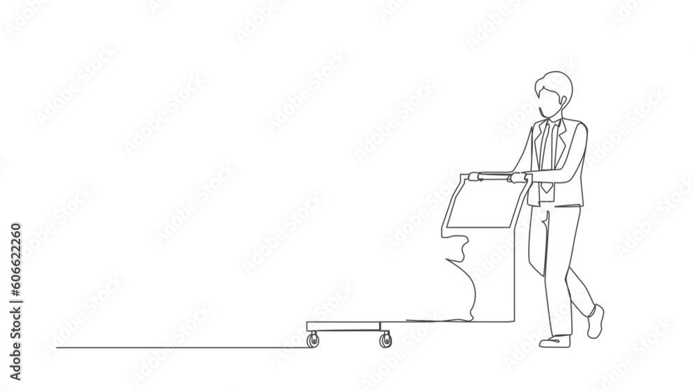 Animated self drawing of continuous line draw businessman push cart with money bags. Reward or profit. Man employee with salary. Investor carries money to startup. Full length single line animation Animated self drawing of continuous line draw businessman push cart with money bags. Reward or profit. Man employee with salary. Investor carries money to startup. Full length single line animation