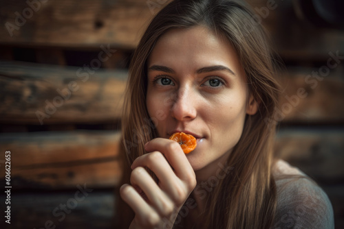 Portrait of a woman biting into a dried apricot with a serious expression and a rustic wooden background, generative ai