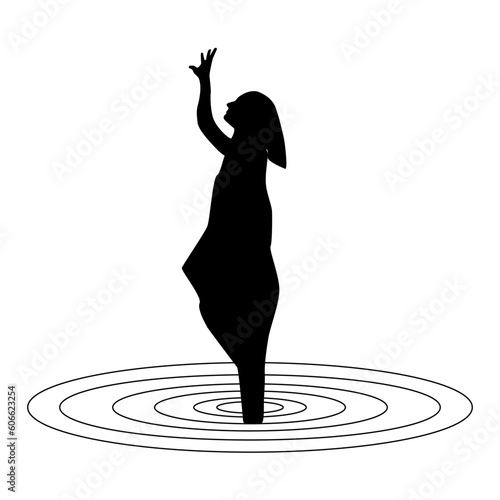 silhouette and shadow of lonely girl standing on a water. Concept of loneliness, dramatic story