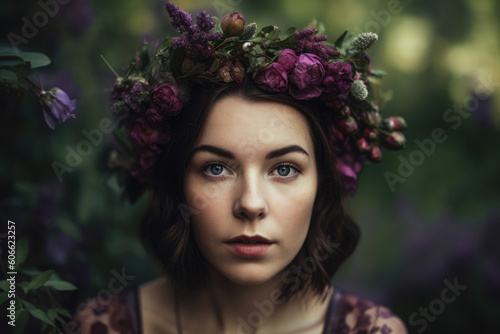 Portrait of a woman wearing a floral crown made of boysenberry flowers, with a serene expression and a garden backdrop, generative ai