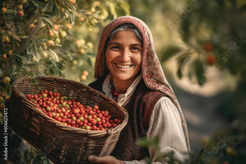 Portrait of a woman with a radiant smile and a basket of freshly picked goumi berries in her hands, standing amidst an orchard, generative ai