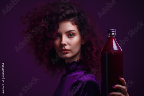Portrait of a young woman holding a bottle of antioxidant-rich mulberry juice against a vibrant background, generative ai
