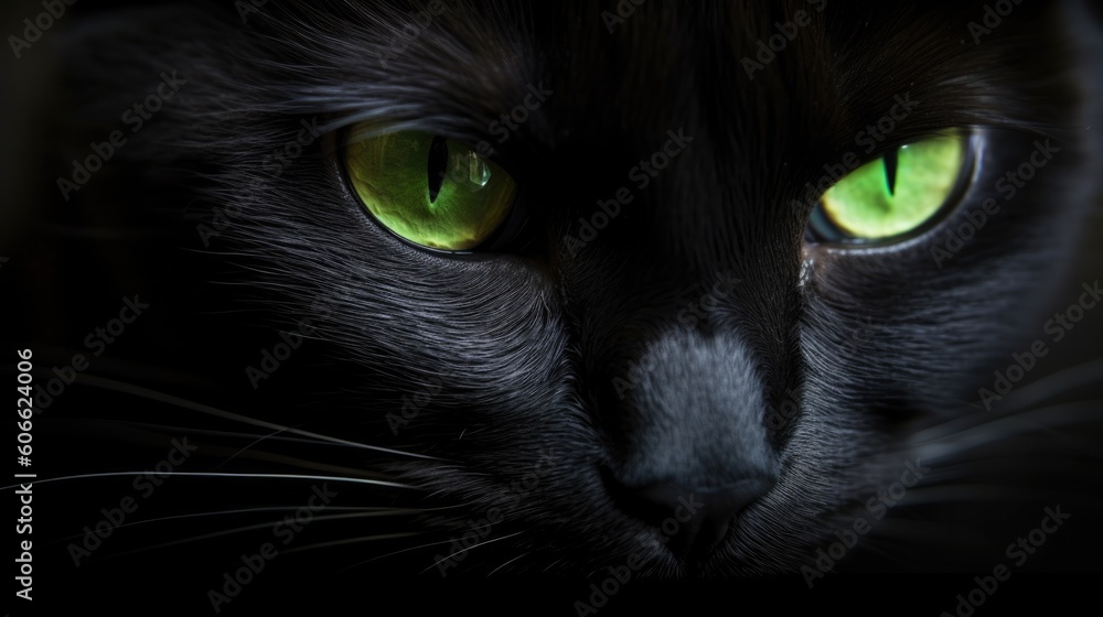 Black cat green eyes posing on a black background generative ai