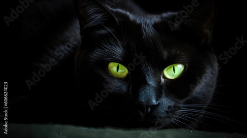 Black cat green eyes posing on a black background generative ai © Francheska