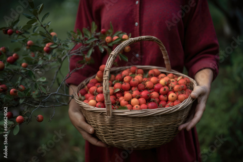 Radiant portrait of a woman holding a basket of fresh Mayhaw berries, with a blooming Mayhaw tree in the background, generative ai