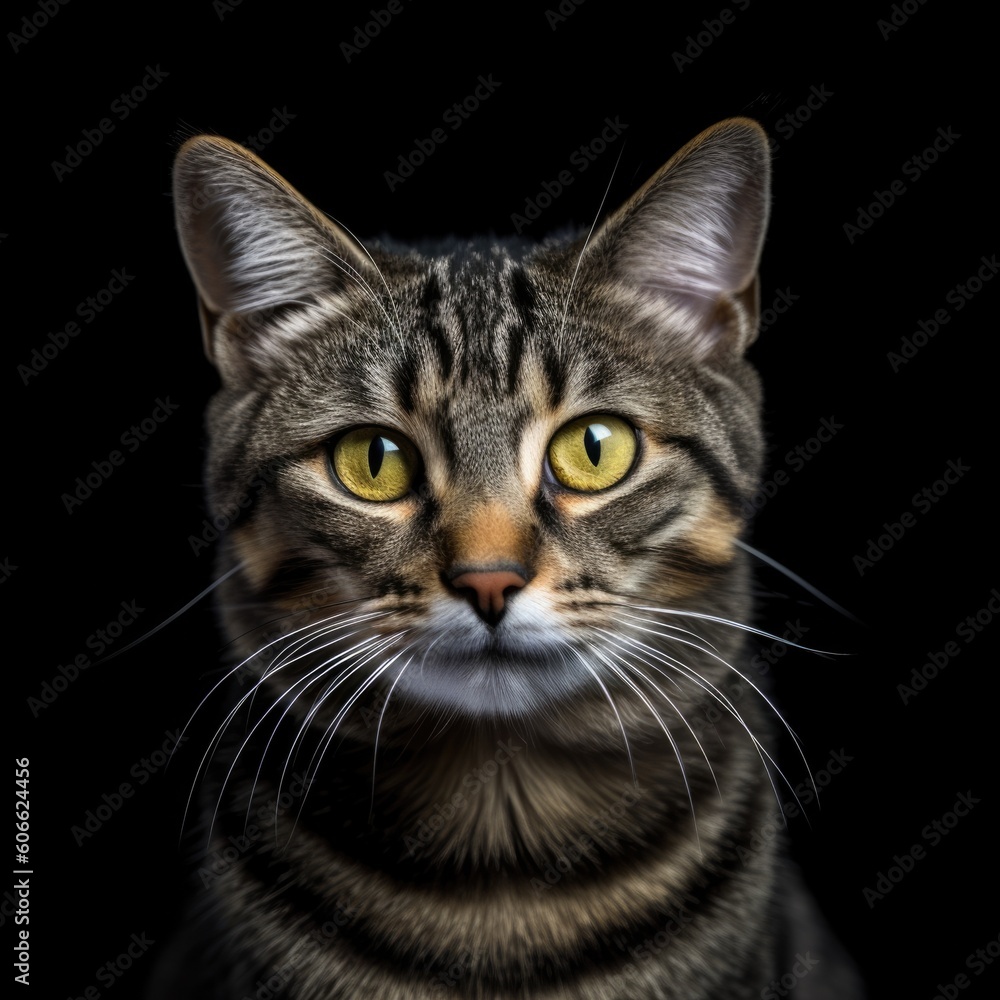 Fototapeta premium a tabby cat with orange eyes looking up on a black background generative ai