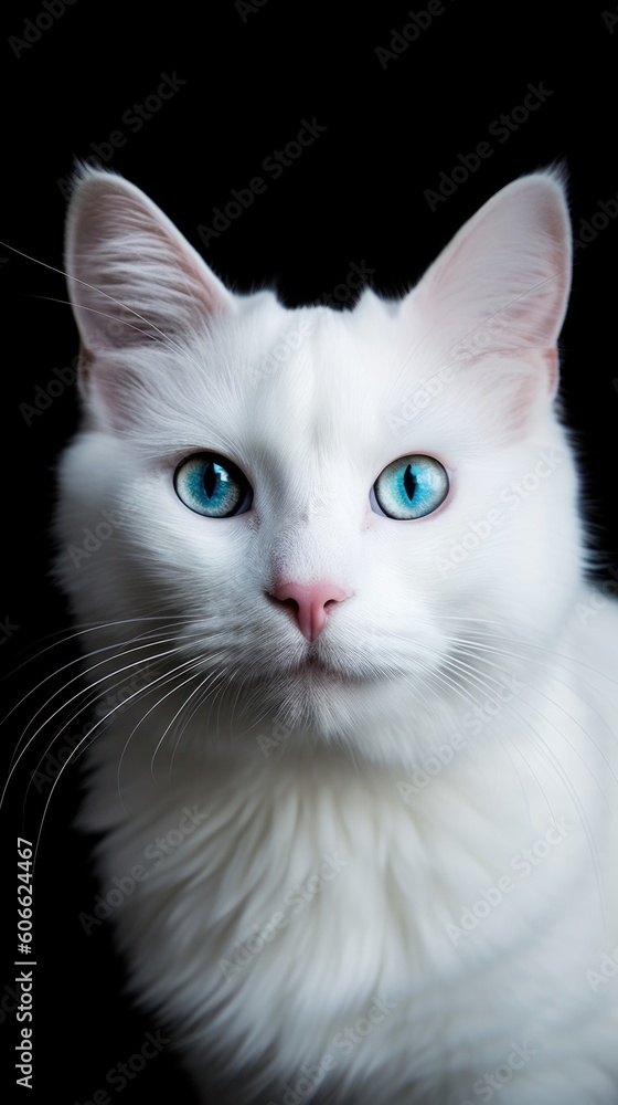 a white cat with blue eyes staring at the camera on black background generative ai