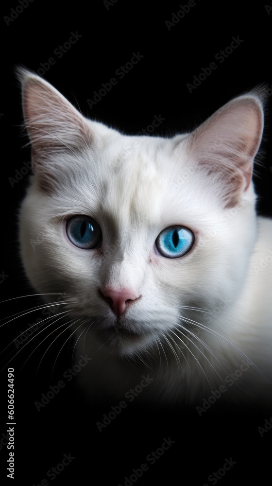 a white cat with blue eyes staring at the camera on black background generative ai