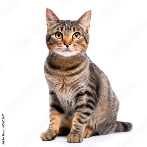 a tabby cat with orange eyes looking up on a white background generative ai