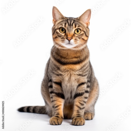 a tabby cat with orange eyes looking up on a white background generative ai © Francheska