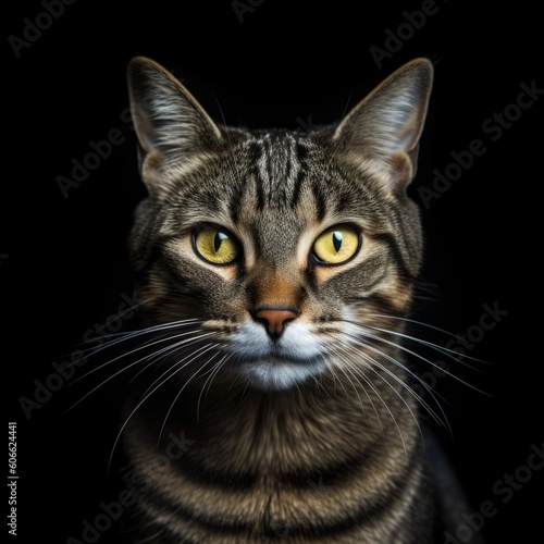 a tabby cat with orange eyes looking up on a black background generative ai
