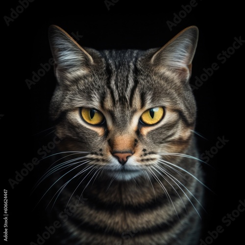a tabby cat with orange eyes looking up on a black background generative ai © Francheska