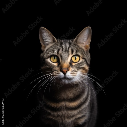 a tabby cat with orange eyes looking up on a black background generative ai