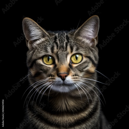 a tabby cat with orange eyes looking up on a black background generative ai