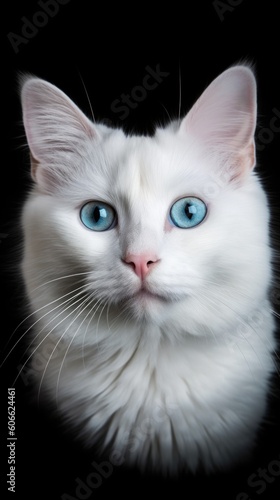 a white cat with blue eyes staring at the camera on black background generative ai © Francheska