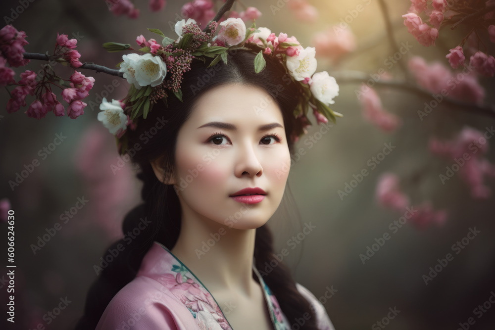 Romantic Portrait of a Woman with a Plum Blossom Crown, generative ai Romantic Portrait of a Woman with a Plum Blossom Crown, generative ai