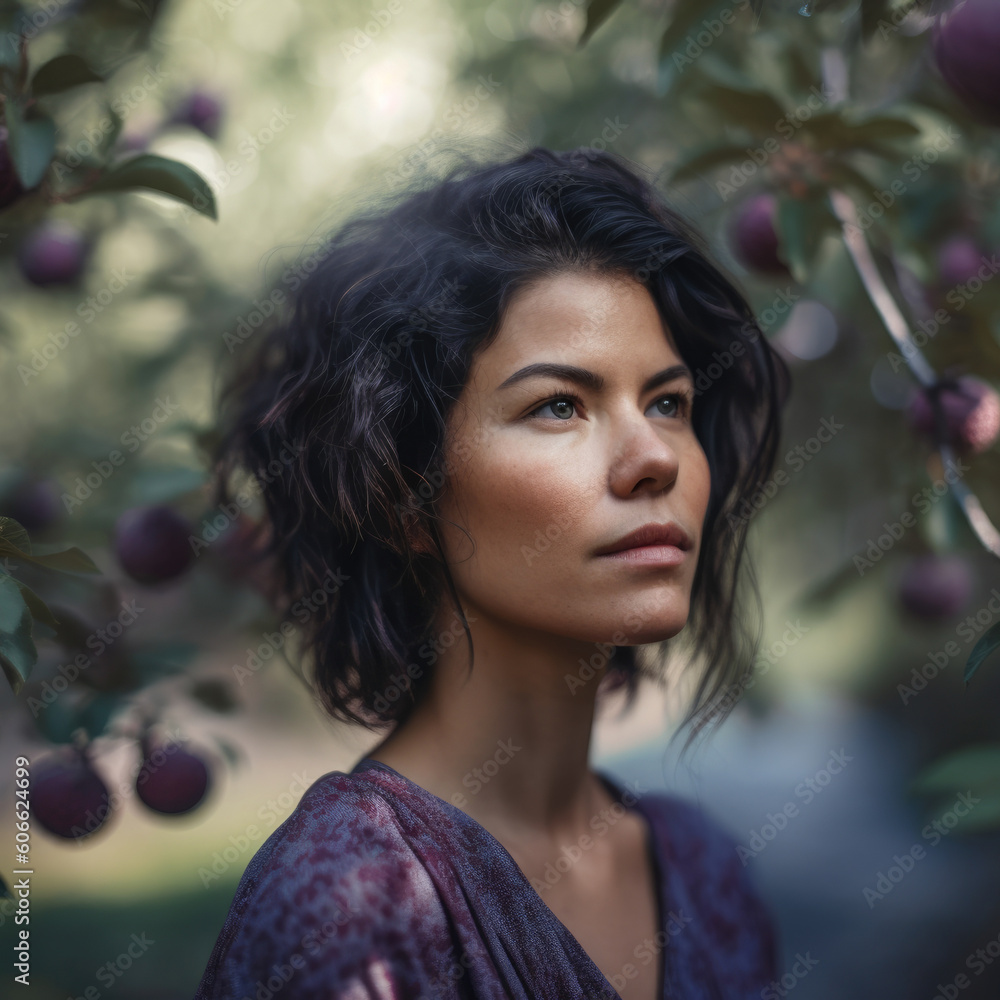Φωτογραφία Serene Portrait of a Woman Surrounded by Plum Trees, generative ai