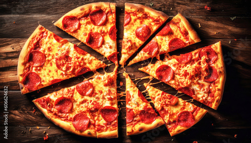 Pepperoni pizza with melted cheese and tomato sauce on black wooden background with studio lighting. Food and delivery concept. Generative AI