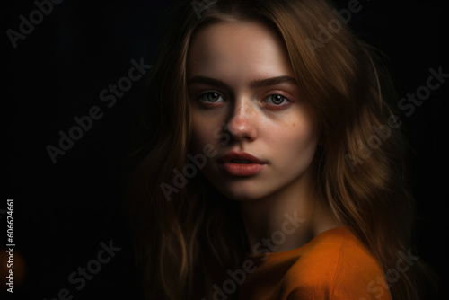 Sensual portrait of a woman with papaya-colored lips and attractive gaze against a dark background, generative ai