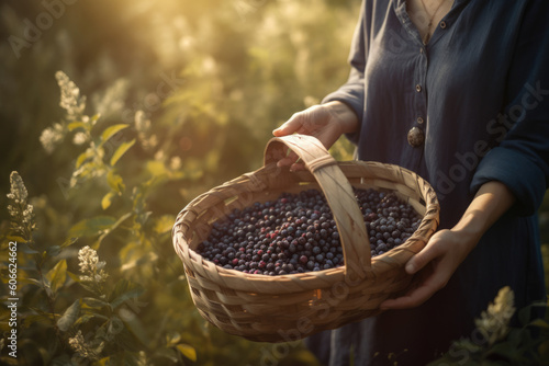 Serene portrait of a woman holding a basket of freshly picked huckleberries in a sun-kissed meadow, generative ai