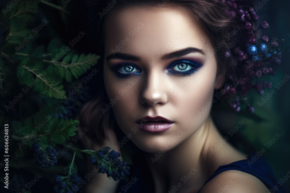 stunning portrait of a woman with a bilberry-inspired makeup look, featuring deep blues and purples, generative ai stunning portrait of a woman with a bilberry-inspired makeup look, featuring deep blues and purples, generative ai