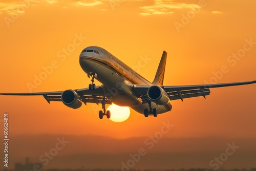 Passenger plane is in a wonderful sunrise background