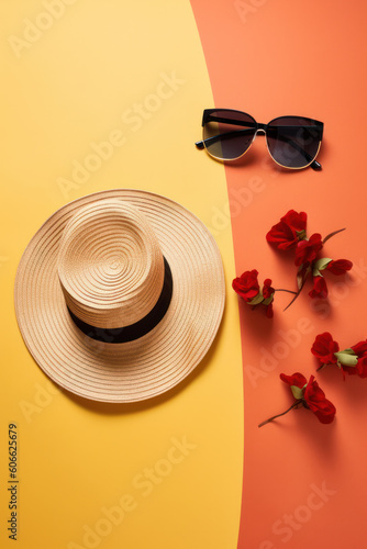 Retro Summer holiday setting with straw hat, pineapple and sunglasses