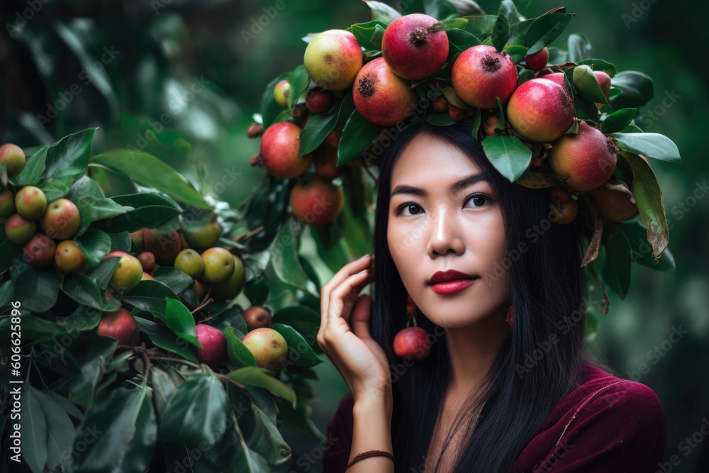 Φωτογραφία a beautiful woman with a wreath of mangosteen fruits in her hair surrounded by l
