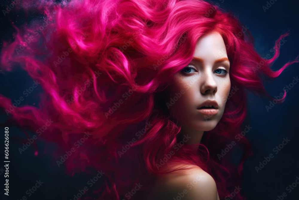 Artistic Woman with Raspberry-Colored Hair and a green background with bokeh, generative ai