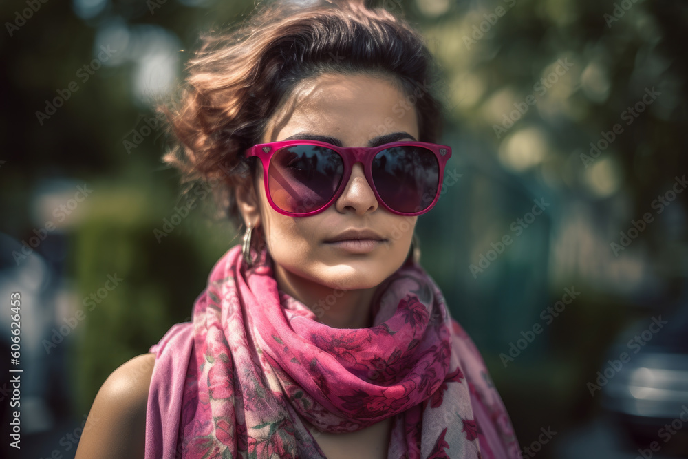 Bold Woman with Raspberry-Colored Sunglasses and a Raspberry-Printed Scarf, generative ai Bold Woman with Raspberry-Colored Sunglasses and a Raspberry-Printed Scarf, generative ai