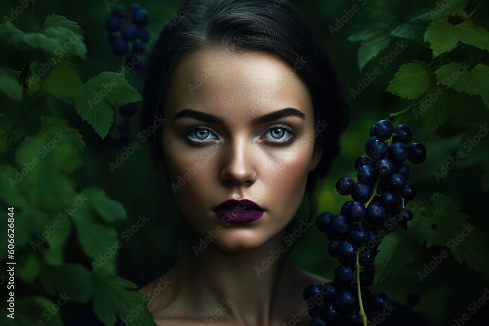 Captivating portrait of a woman with deep purple lips and a fierce expression, surrounded by sloe berries on a bed of green leaves, generative ai Captivating portrait of a woman with deep purple lips and a fierce expression, surrounded by sloe berries on a bed of green leaves, generative ai