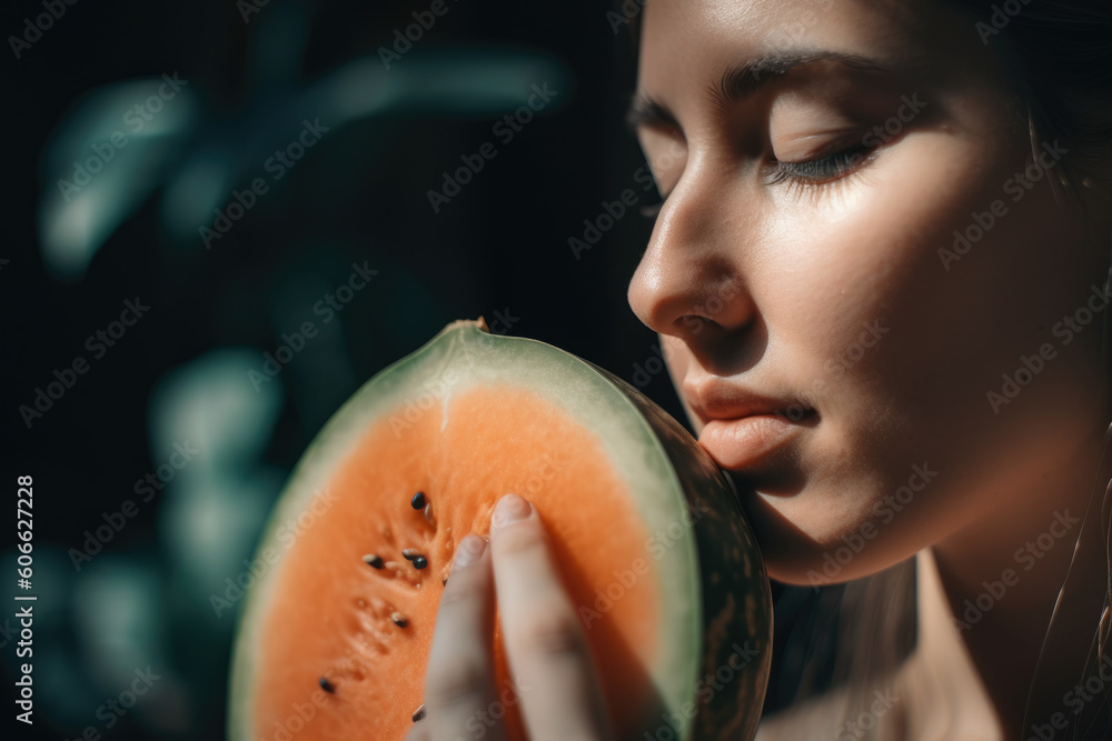Φωτογραφία Close-up of a beautiful woman holding a cantaloupe with her eyes closed, enjoyin