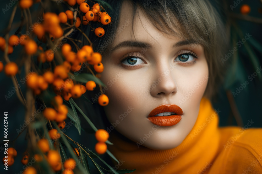 Φωτογραφία Close-up portrait of a beautiful woman with sea buckthorn on her lips and cheeks