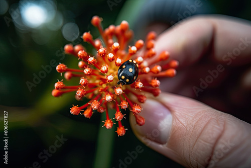 a lady bug on an orange flower in someone's hand, taken from the top down to the bottom. Generative Ai photo
