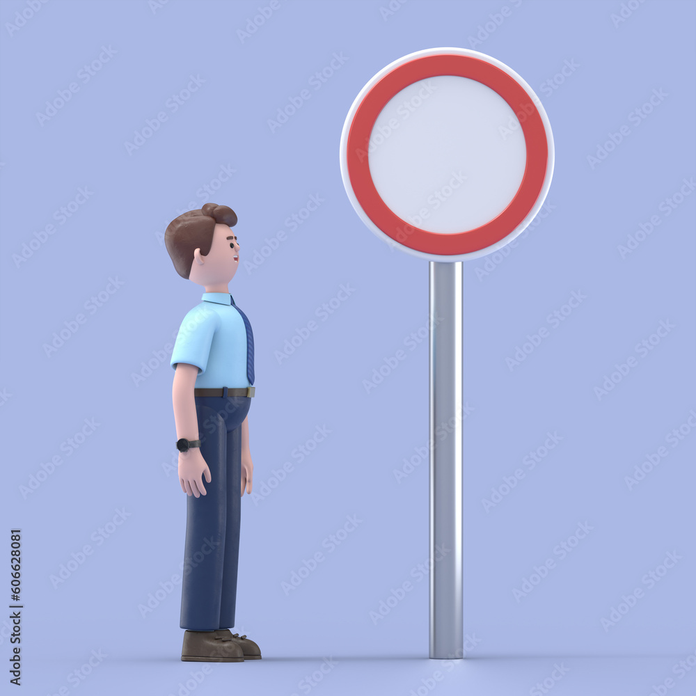 Φωτογραφία 3D illustration of smiling Asian man Felix standing at a crossroad and looking directional sign arrows
