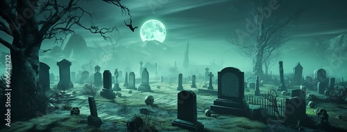 a halloween cemetery and graveyard with a full moon, in the style of dark turquoise and light green, made of mist, captivating, exacting precision, Halloween, generate ai photo