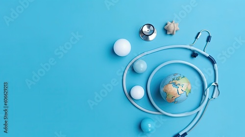 Top View of World Health day banner design of a stethoscope and miniature earth on blue background