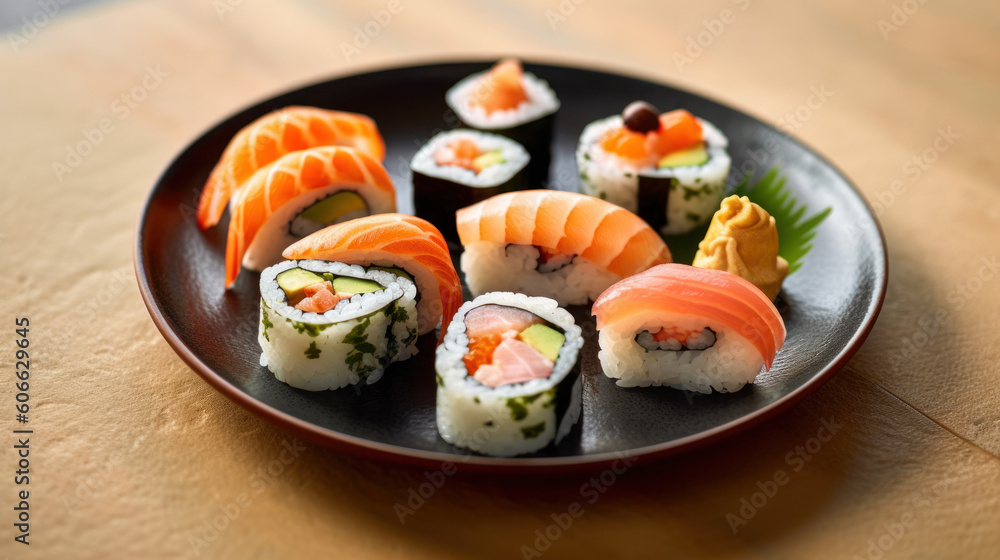 Sushi roll  with salmon, smoked eel, avocado, cream cheese on black background.