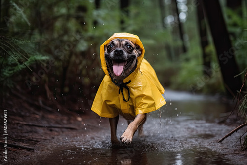 a dog wearing a yellow raincoat running through a stream in the woods with its tongue sticking out to it's mouth. Generative Ai
