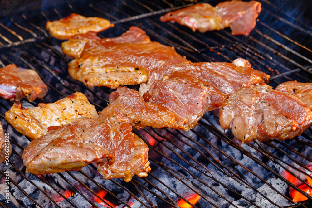 Barbecue with delicious grilled meat