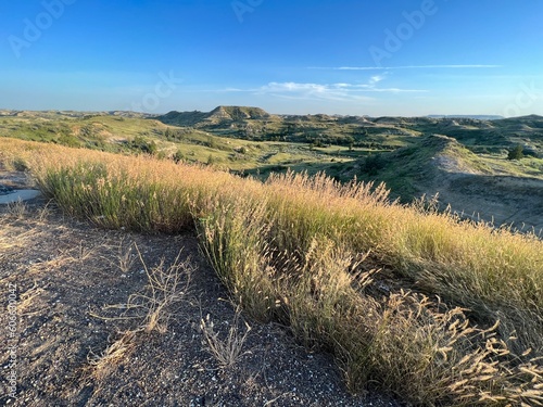 Scenic overlook of the badlands at Interstate highway I94 at in North Dakota. photo