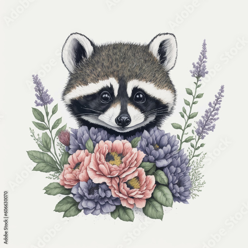 nursery watercolour painting of a baby raccoon face with flowers