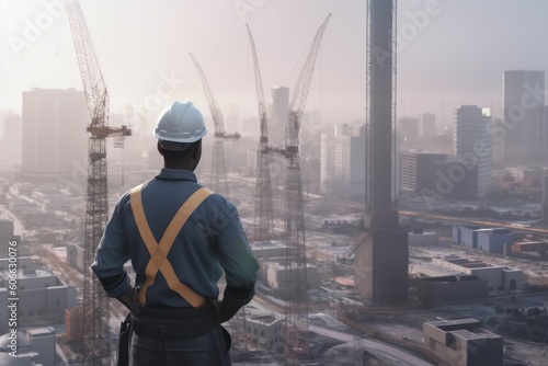 Construction worker blue and white collar worker with hard hat over looking city with sunlight made with Generative Ai