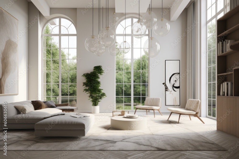Beautiful Bright chic luxurious living room with high ceilings low sofa and nature garden views  Made with Generative Ai