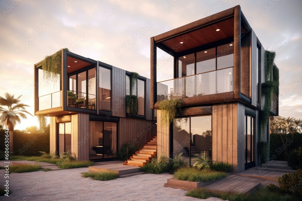 Modular modern residential exterior at twilight during summer made with Generative Ai Modular modern residential exterior at twilight during summer made with Generative Ai