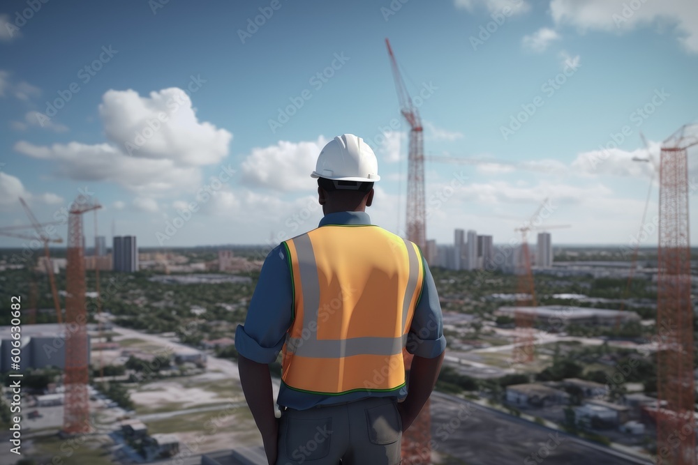Construction building latino hispanic engineer with safety gear and equipment overlooking Florida city with palm trees made with Generative Ai Construction building latino hispanic engineer with safety gear and equipment overlooking Florida city with palm trees made with Generative Ai