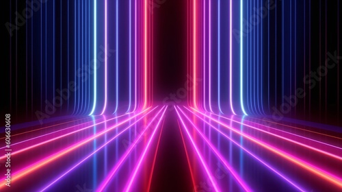 3D abstract background with neon lights. neon tunnel.space construction. 3d illustration, generative Ai