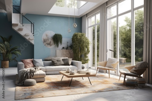 Cozy clean mid century modern interior design with skylight and blue accent spring color with minimal staged furniture Made with Generative Ai photo